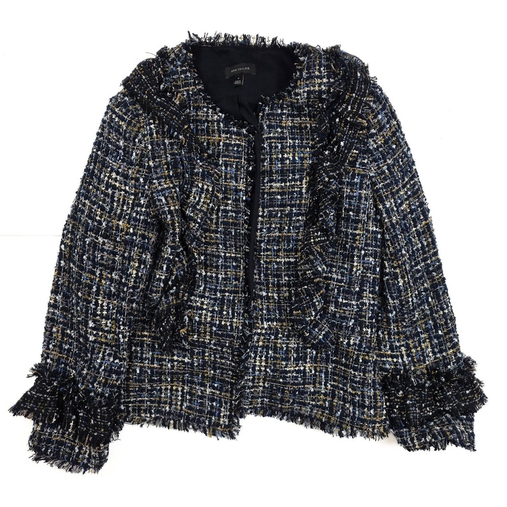 Ann Taylor Navy Gold Multi Tweed Pattern Fringe Blazer Jacket Women's Size 10